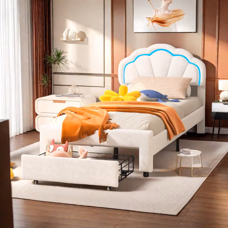 Letto imbottito 90x200cm, letto matrimoniale con 1 cassetto, letto contenitore letto giovanile con rete a doghe e led, letto funzionale letto in legno massiccio, beige