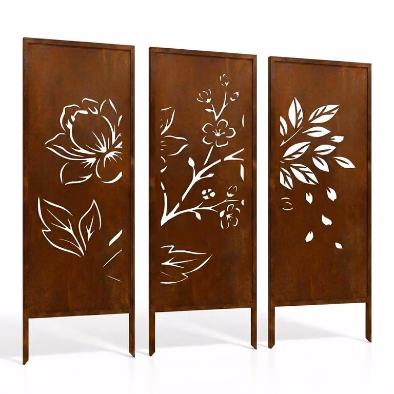 Set di 3 pannelli divisori da giardino in acciaio a forma di fiori di loto, dimensioni 160x50 cm – Pannelli divisori in metallo tagliati al laser, stile Corten