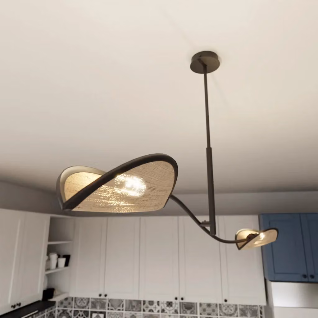 Lampada a sospensione Marte Luceart-Classic in metallo nero e rattan marrone con bracci regolabili – 2