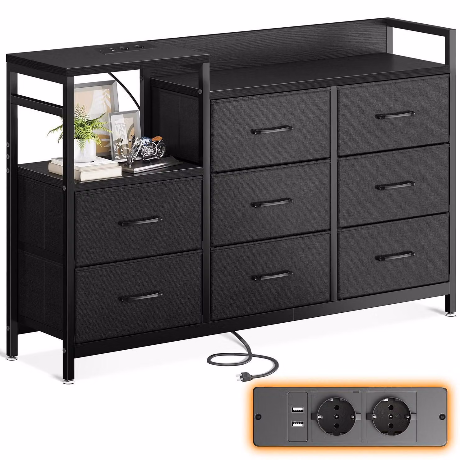 Comodino con 8 cassetti rivestiti in tessuto, 2 porte USB e 2 prese di corrente, colore nero, dimensioni 132x30x88 cm