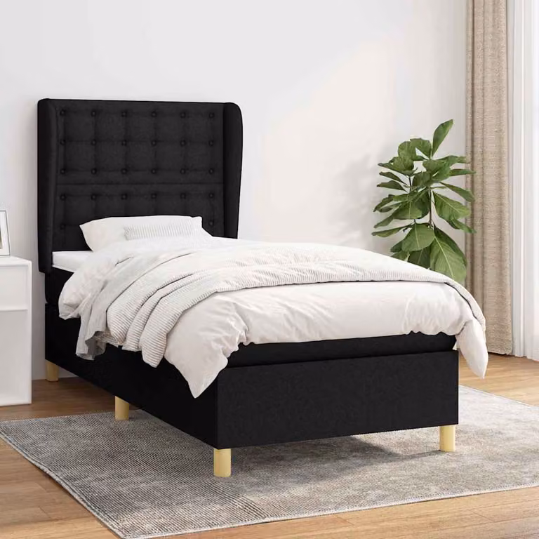 vidaXL Giroletto a Molle Ibrido con Materasso in Tessuto Nero e Bianco L/P/H: 90 x 200 x 128 cm