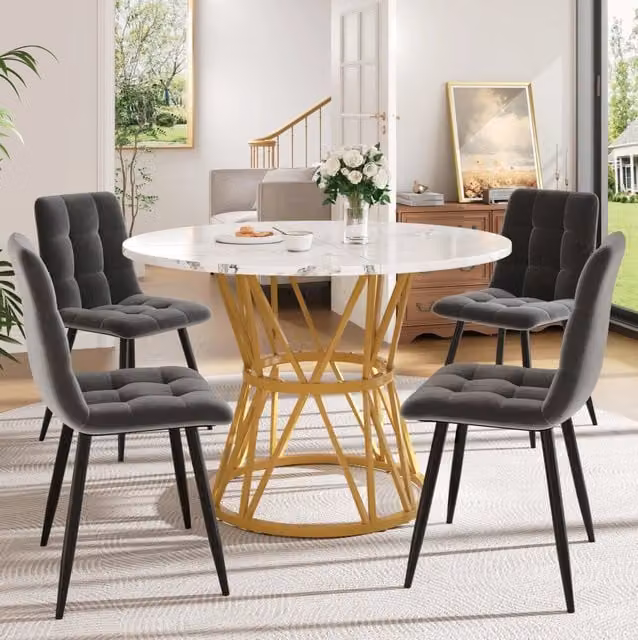 Set tavolo e 4 sedie rotondo 100 cm MDF effetto marmo grigio e oro