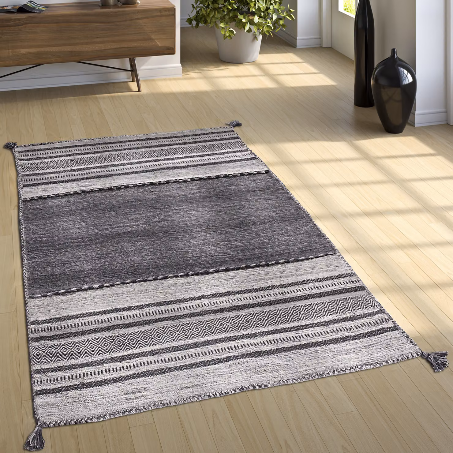Tappeto Kilian grigio tessuto a mano in cotone con frange L: 290 cm, P: 200 cm – 3