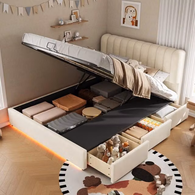 Letto contenitore imbottito ¨C Minimal ¨C beige velluto 140x200 cm con cassetti e LED idraulico