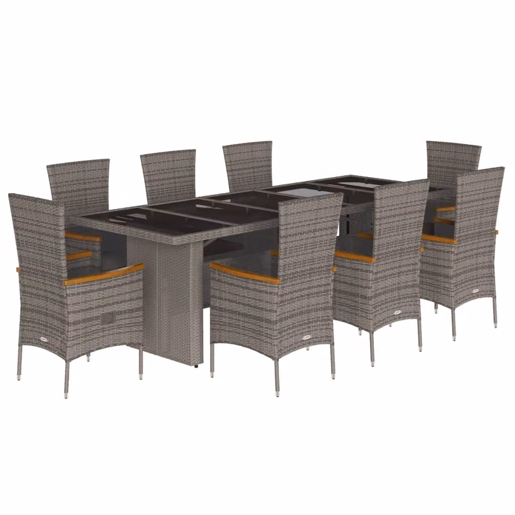 Set da Pranzo da Giardino 9 pz con Cuscini in Polyrattan Grigio
