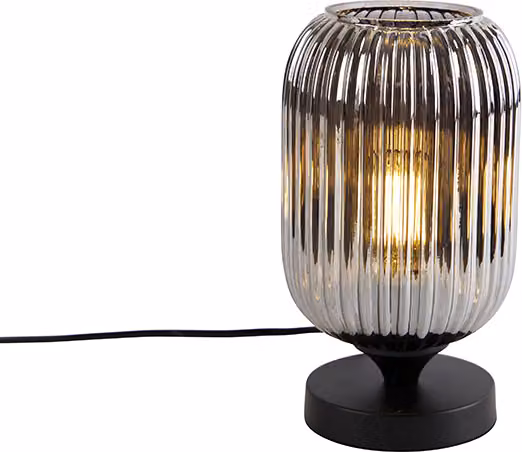 QAZQA - Lampada da tavolo Art Déco nera con vetro fumé - Banci I Soggiorno I Camera da letto - Rotonda - LED adatto E27