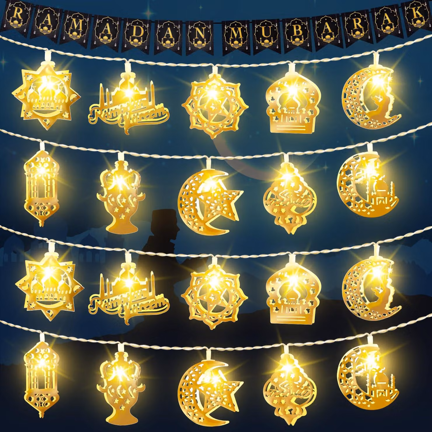 Catena luminosa per Ramadan, 3 metri, 20 LED, color oro, alimentata a batteria, con timer
