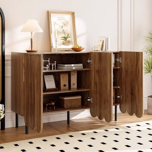 Credenza con ante ondulate, apertura a pressione e ripiani regolabili, per soggiorno, in MDF noce, 120 × 35 × 80 cm