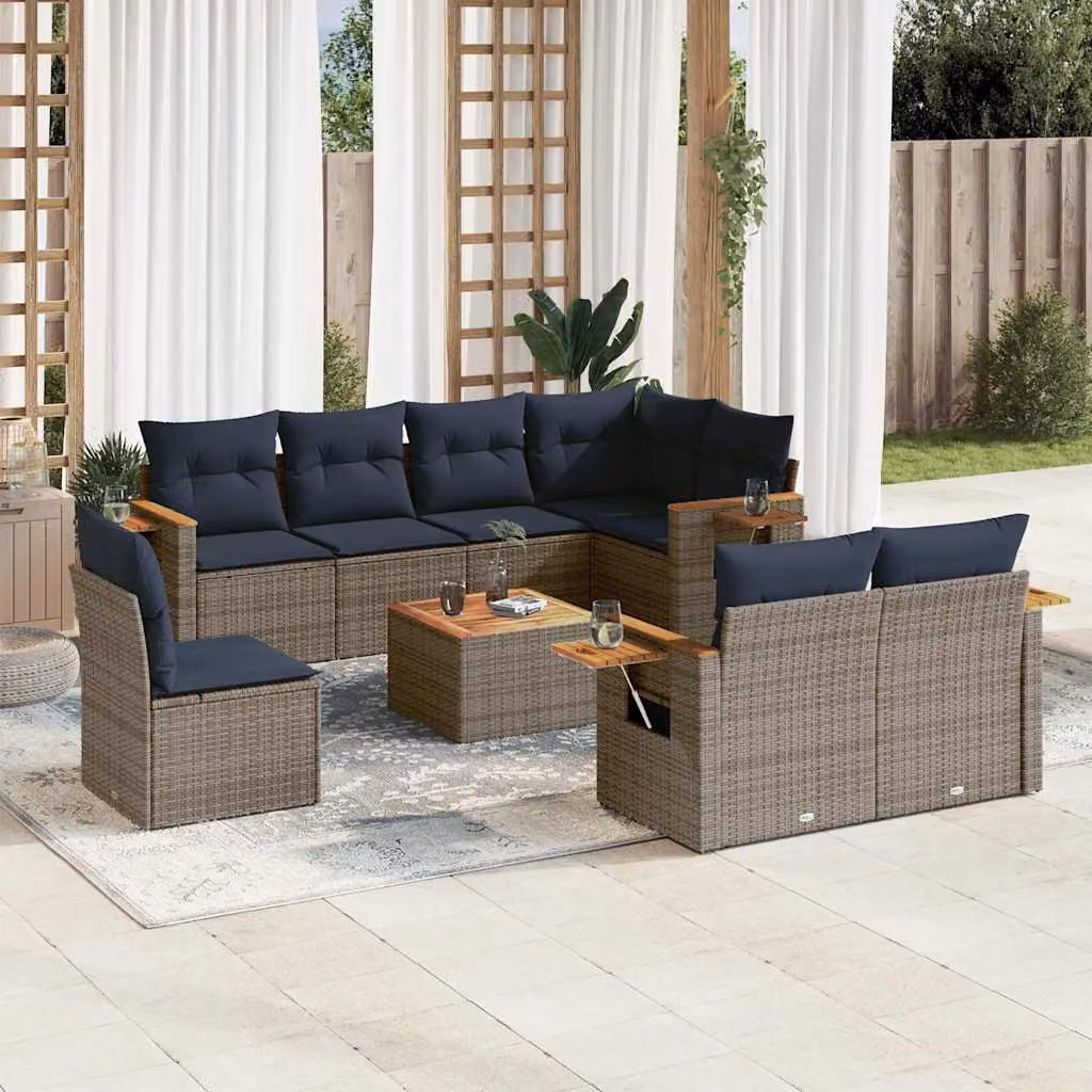 vidaXL Set Divani da Giardino a L 9 pz in Polyrattan con Cuscini Blu e Grigio e Tavolino da Esterno – 1
