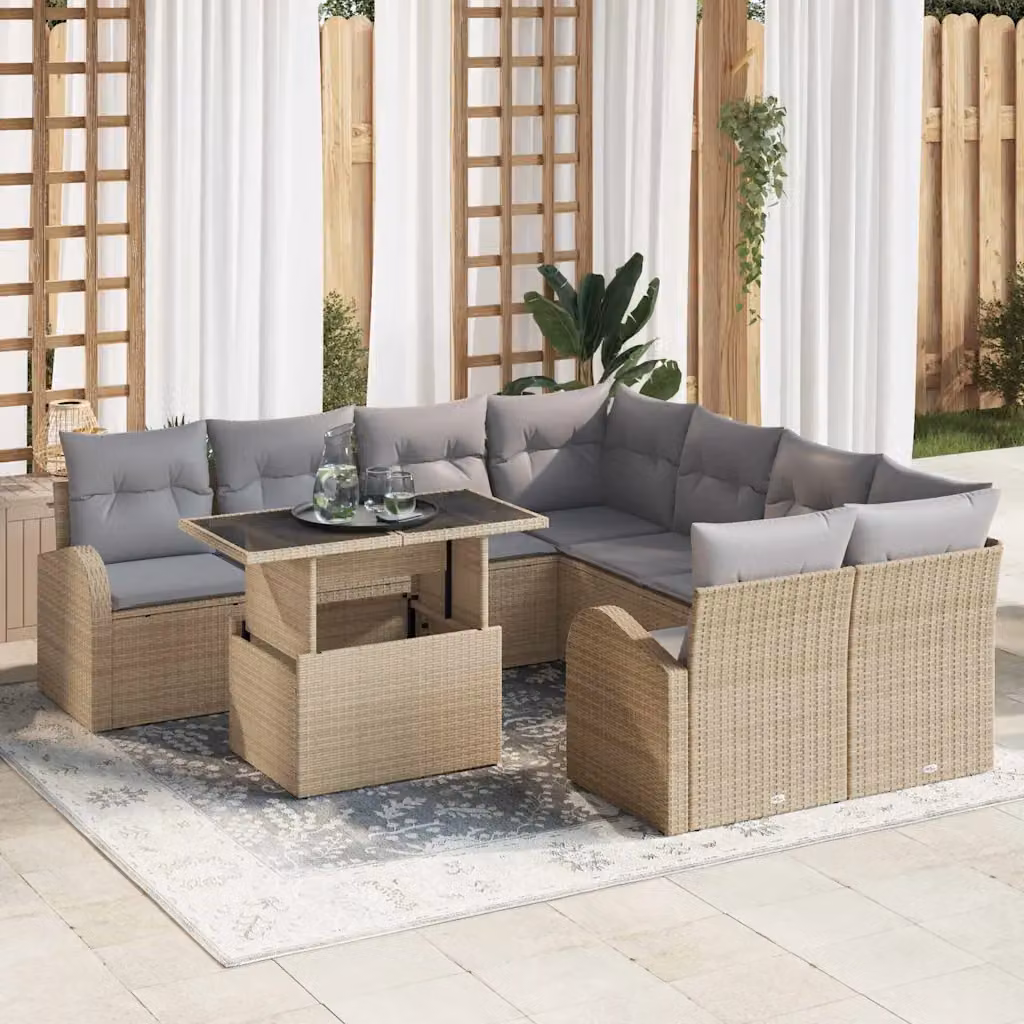 vidaXL Set Divano da Giardino a Forma di U in Rattan con Tavolino e Cuscini, 9 Pezzi, Beige e Grigio – 1