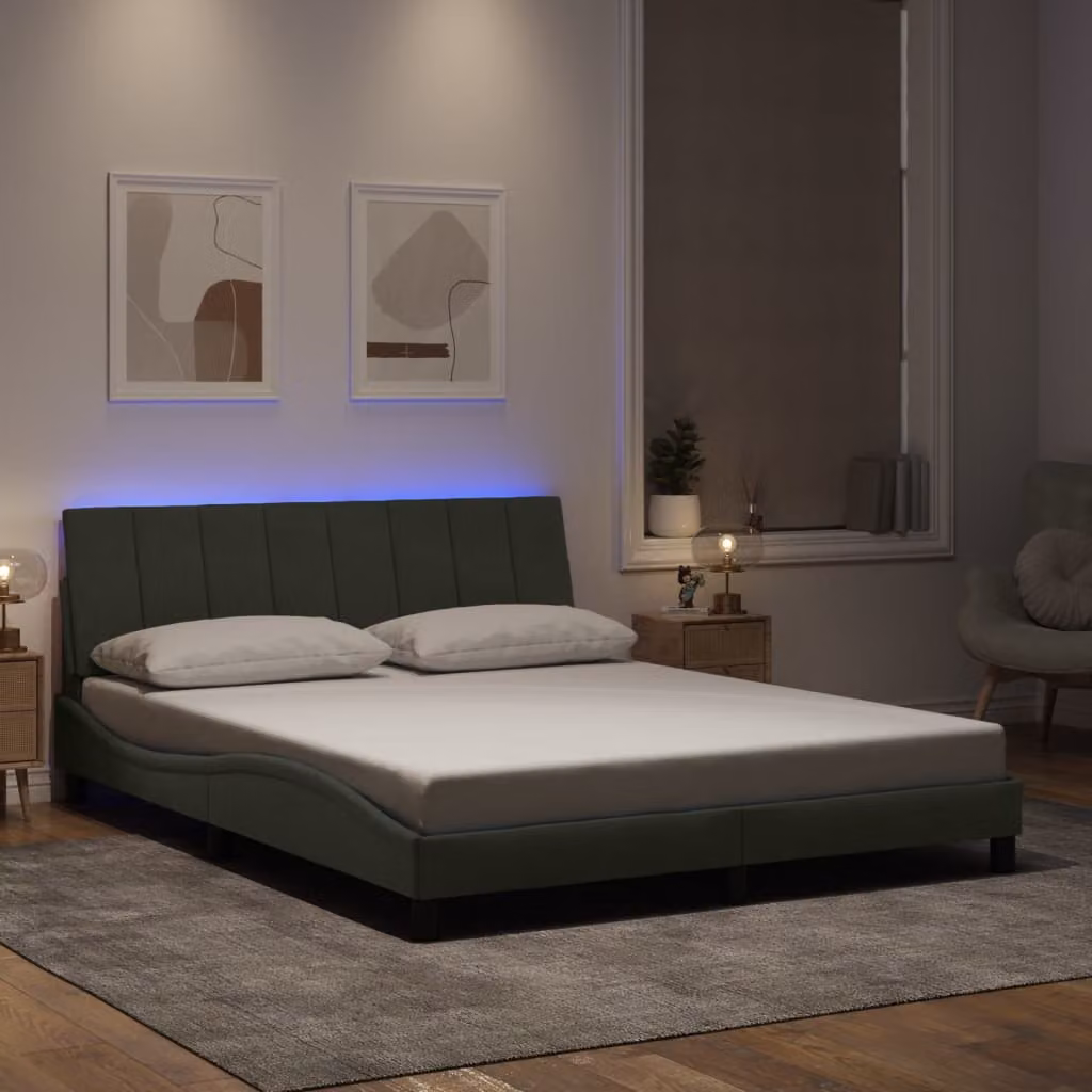 vidaXL Giroletto Hanko in Velluto Grigio Chiaro con LED e Porte USB, L/P: 160 x 200 cm – 1