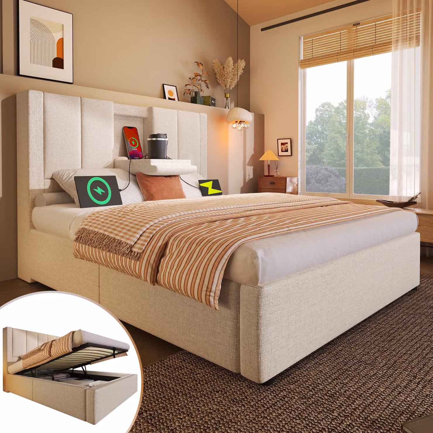 Letto imbottito idraulico Flieks 90x200cm con portabicchieri, letto contenitore letto singolo con USB & Type C, letto per ragazzi con rete a doghe, lino, beige