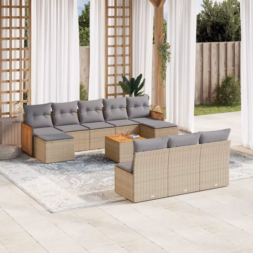 vidaXL Set Divani da Giardino 11 pz in Polyrattan con Cuscini Beige e Tavolino da Esterno – 1