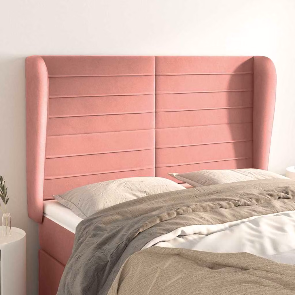 Testiera ad orecchio vidaXL in velluto rosa con struttura in legno e MDF, L: 147 cm, P: 23 cm, H: 118-128 cm