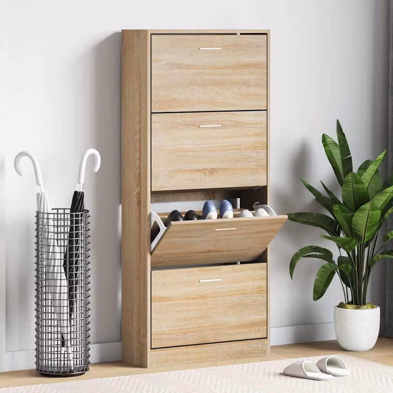 Scarpiera moderna vidaXL in legno color rovere marrone con scomparti basculanti, L: 63 cm, P: 24 cm, H: 147 cm