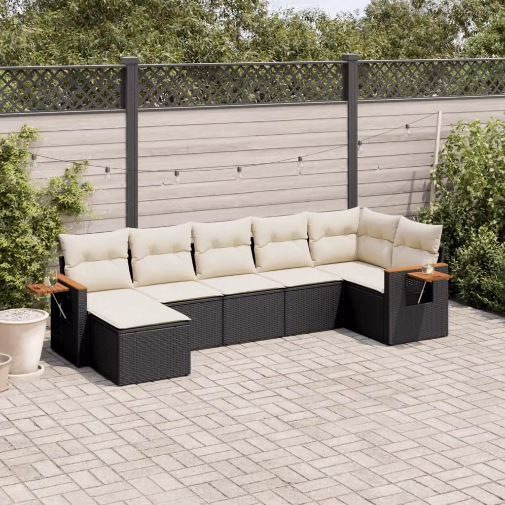 Set Divani da Giardino a L vidaXL in Polyrattan Nero con 7 Cuscini e Tavolino da Esterno – 1