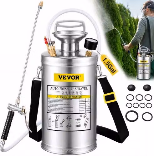 Spruzzatore manuale a pressione VEVOR in acciaio inossidabile color argento da 6L per giardinaggio e pulizia