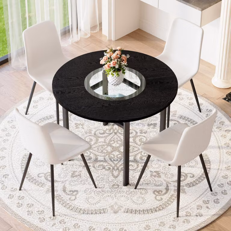 Set da tavolo, tavolo rotondo di 100 cm di diametro, aspetto legno, 4 poltrone in poliuretano, cuscini per maggiore comfort (marrone e nero, bianco)