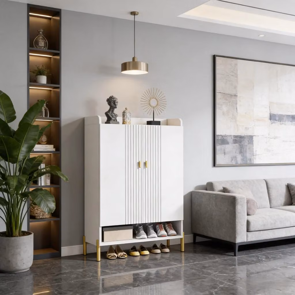 Scarpiera moderna WISHDOR con ante e ripiani, bianco e oro, L: 75 cm, P: 36,5 cm, H: 110 cm – 2