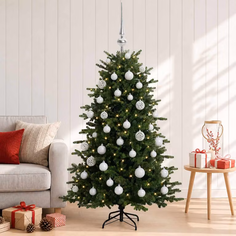 Albero di Natale artificiale verde vidaXL con 150 LED luce bianca calda e decorazioni