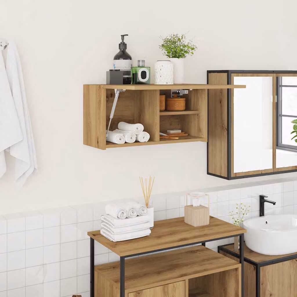 Mobiletto da bagno sospeso vidaXL in legno marrone con ante a battente e ripiani interni L: 60 cm, P: 25 cm, H: 30 cm