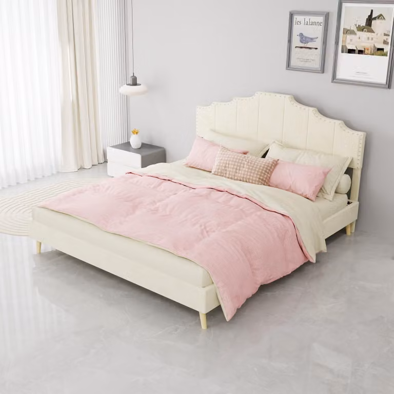 Letto imbottito 160x200 cm, color beige, con testiera imbottita, funzione di ricarica USB e di tipo C, 4 cassetti e rete a doghe