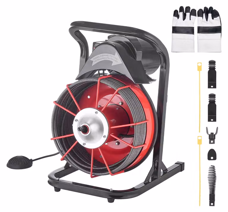 SucceBuy, macchina per la pulizia dei tubi, Ø 10,5 mm x 23 m, spirale di pulizia manuale con 4 teste di taglio e interruttore a pedale, adatta per tubi da 50 mm a 100 mm, pulitore per scarichi