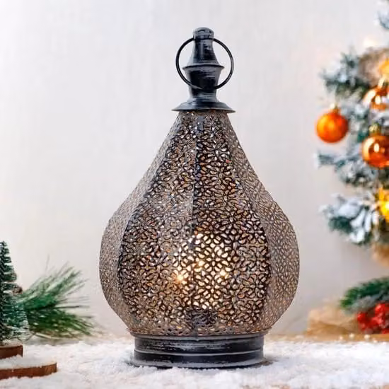 Lampada da Tavolo in Stile Marocchino con LED e Alimentazione a Batteria, Colore Nero, Altezza: 29 cm