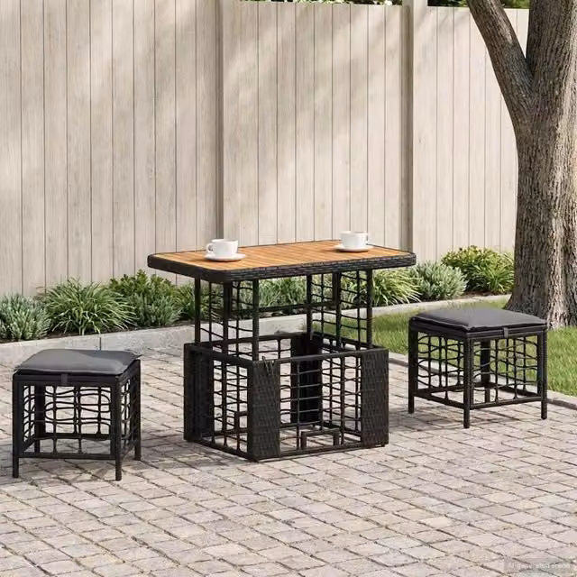 Set da pranzo per giardino e terrazza vidaXL in legno di acacia oliato e rattan, colore nero e grigio