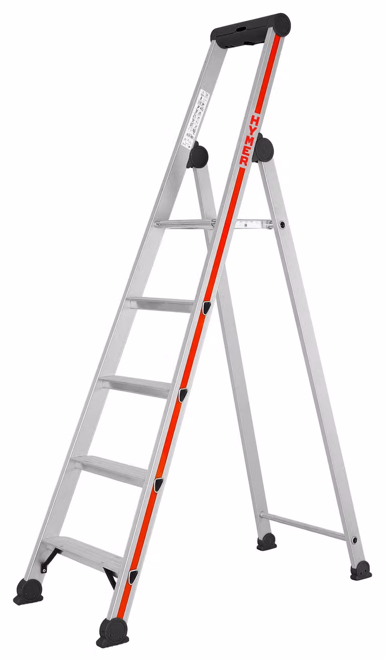 Scaletta Hymer con piattaforma, accesso su un solo lato, 5 gradini, altezza di abbassamento 1,71 m, altezza di sbraccio 3,11 m, peso 5,6 kg