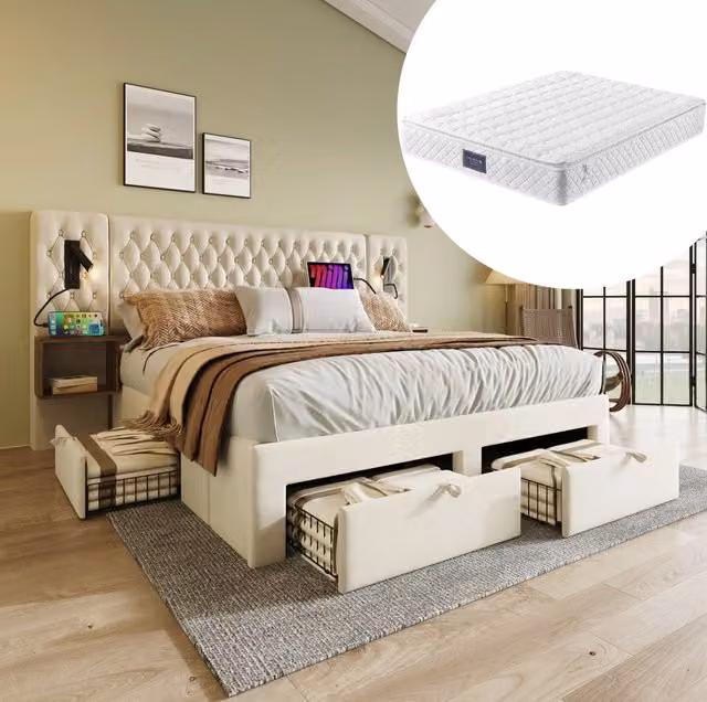 Letto imbottito 160x200 cm con comodini, cassetti e materasso