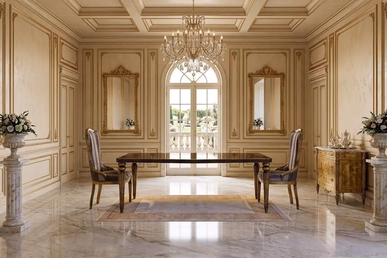 Elegante set di mobili da pranzo classico, composto da un tavolo da pranzo e 2 poltrone imbottite