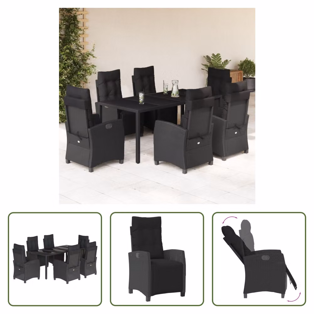 The Living Store Set da pranzo da giardino 7 pezzi con cuscini in polirattan nero
