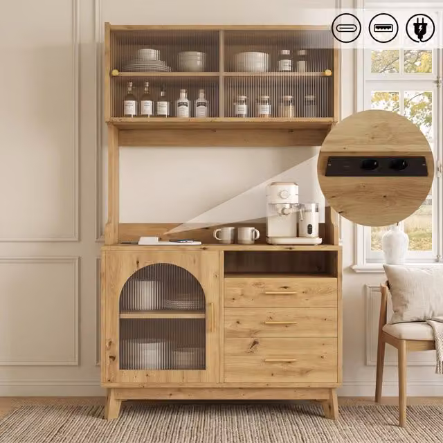 Credenza alta per sala da pranzo 100;5 x 40 x 178 cm; con prese e porte USB; effetto legno