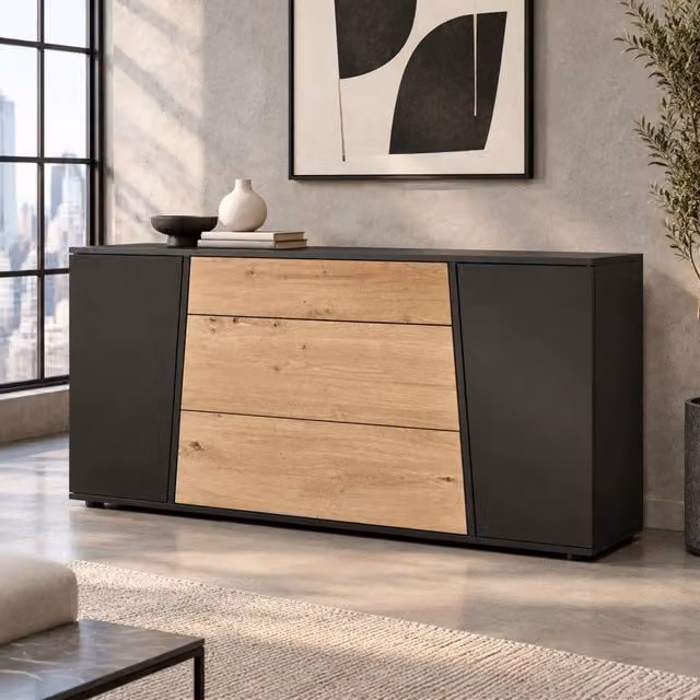Credenza 140×35×70 cm in MDF e truciolato, colore nero e finitura legno, con 3 cassetti e 2 ante regolabili