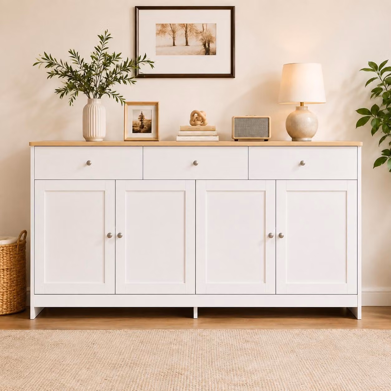 Cassettiera Merax con tre cassetti e quattro ribalte, credenza in stile rustico, credenza contenitore da soggiorno, 160x75x37cm, bianco