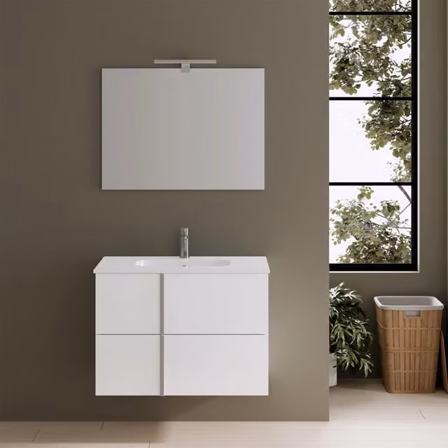 Mobile da bagno sospeso Hoia bianco lucido con lavabo in ceramica, specchio con illuminazione LED e ante soft-close, Larghezza: 100 cm