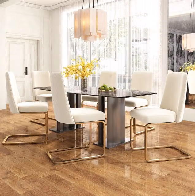 Set di 6 sedie da pranzo in velluto beige con schienale trapuntato e gambe in metallo