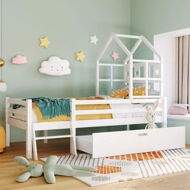 Letto a soppalco per bambini 90x200 cm in legno di pino bianco con scala e cassetto