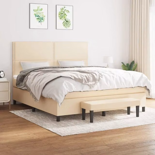 Letto Ibrido vidaXL con Giroletto a Molle e Materasso in Tessuto Beige e Bianco L: 180 cm, P: 200 cm, H: 203 cm