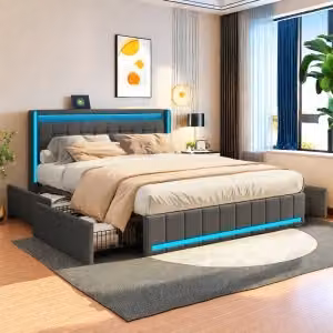 UnboxG Letto imbottito 160x200cm con funzione di ricarica (USB&Typ-c), letto contenitore letto matrimoniale con rete a doghe e 4 cassetti, letto per ragazzi con LED, letto in legno letto funzionale, biancheria, grigio