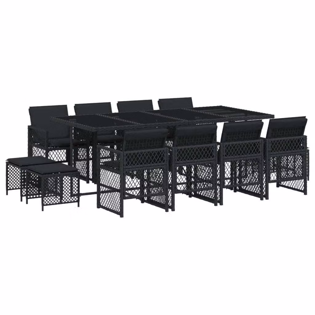 Set da Pranzo da Giardino 13pz con Cuscini Nero in Polyrattan