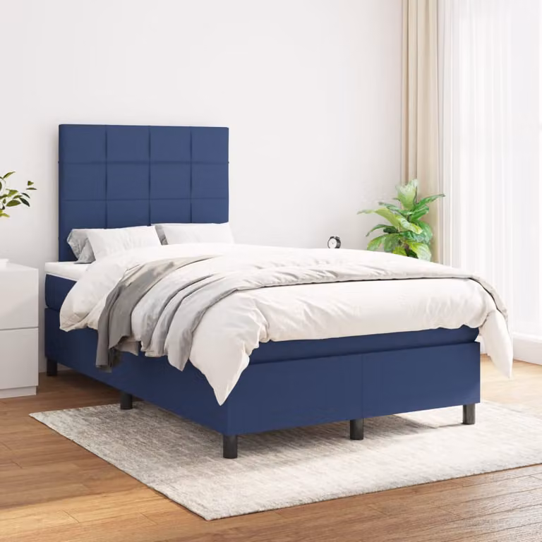 vidaXL Giroletto a Molle con Materasso in Tessuto Blu e Bianco, L/P/H: 200 x 120 x 4 cm