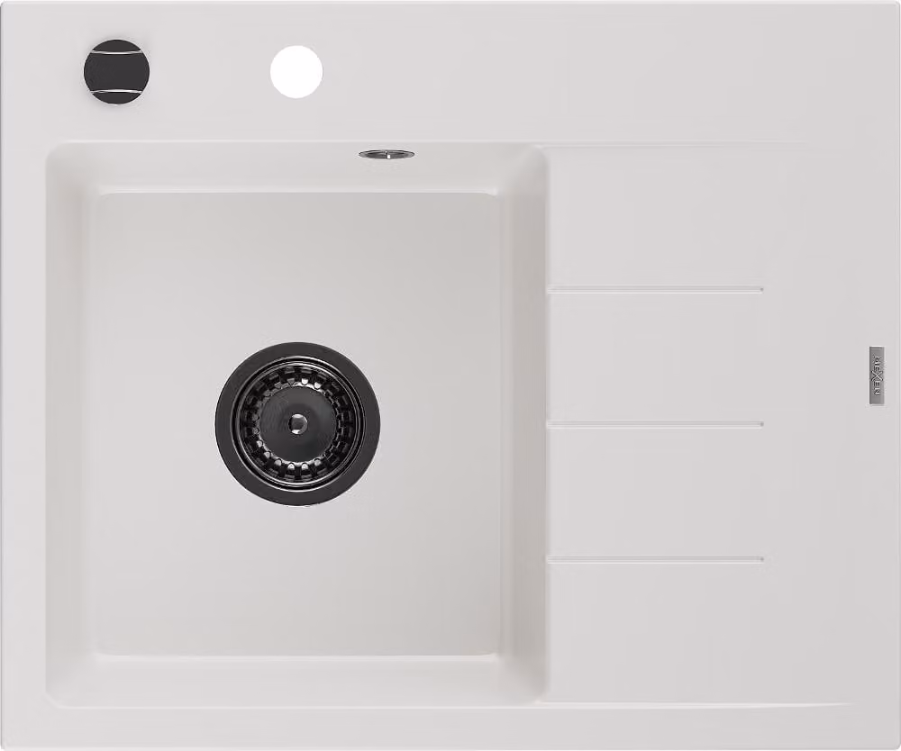 Mexen Ben lavello in granito 1-vasca con scolapiatti, sinistro 600 x 500 mm, bianco, sifone nero - 6522605000-20-B
