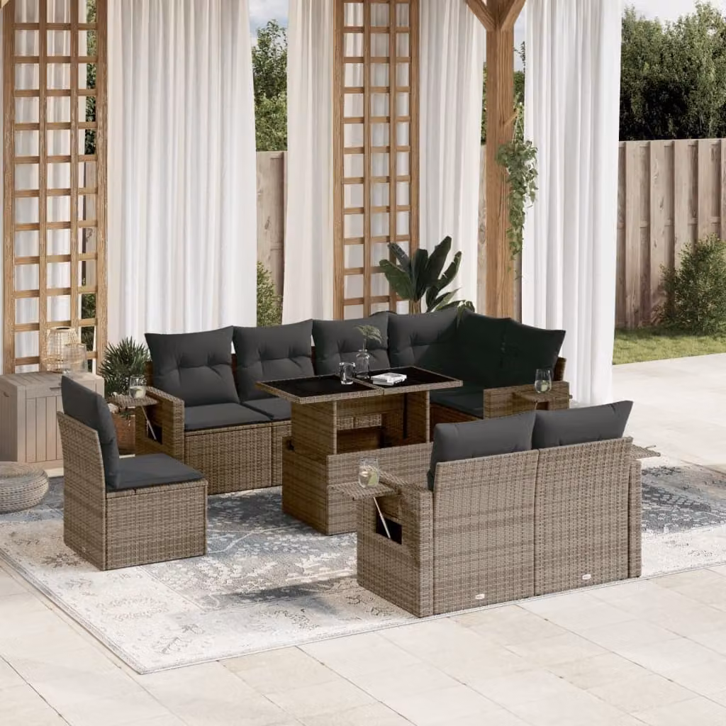 vidaXL Set Divano da Giardino a L in Polyrattan Grigio con 9 Pezzi e Cuscini Imbottiti – 1