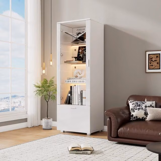 Vetrina con LED e porta in acrilico 3 ripiani in vetro temperato cassetto per soggiorno bianca 50 × 40 × 160 cm