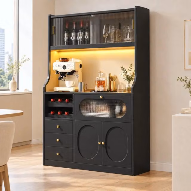 Credenza alta da cucina 120x40x180 cm con LED RGB; ante in vetro; portabottiglie e 3 cassetti; nera