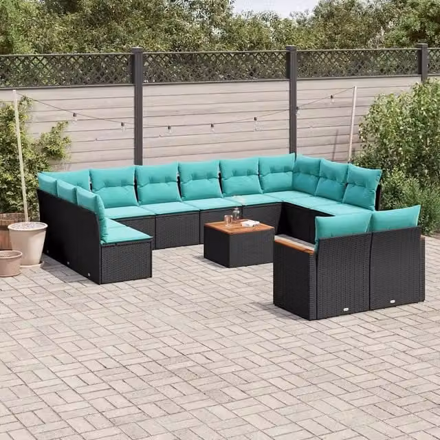Set di Divani da Giardino a Forma di U vidaXL con Cuscini e Tavolino da Esterno in Polyrattan e Legno di Acacia, Colore Nero, Blu e Turchese