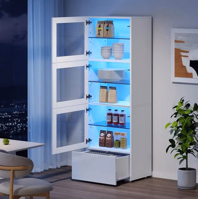 Vetrina 60x40x173 cm bianca in MDF con LED, 3 ante in acrilico