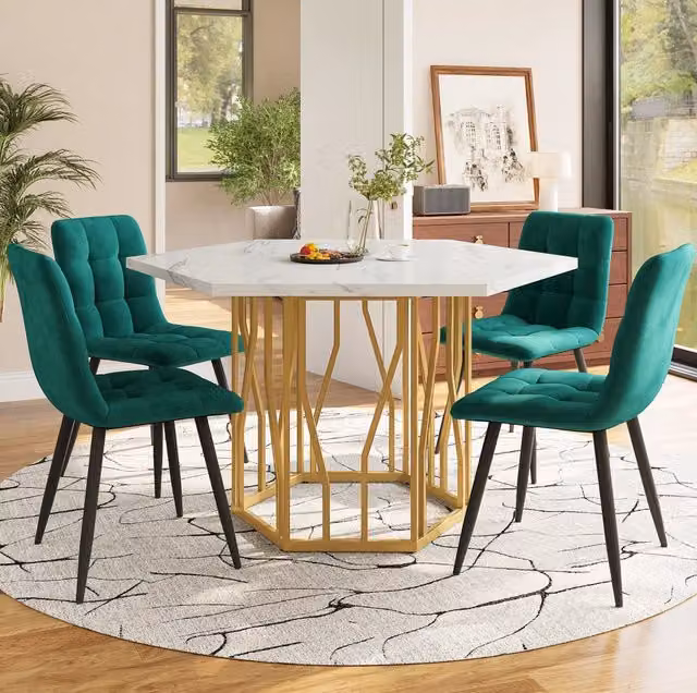 Set tavolo e 4 sedie 115,5 x 100 cm effetto marmo bianco, verde e oro
